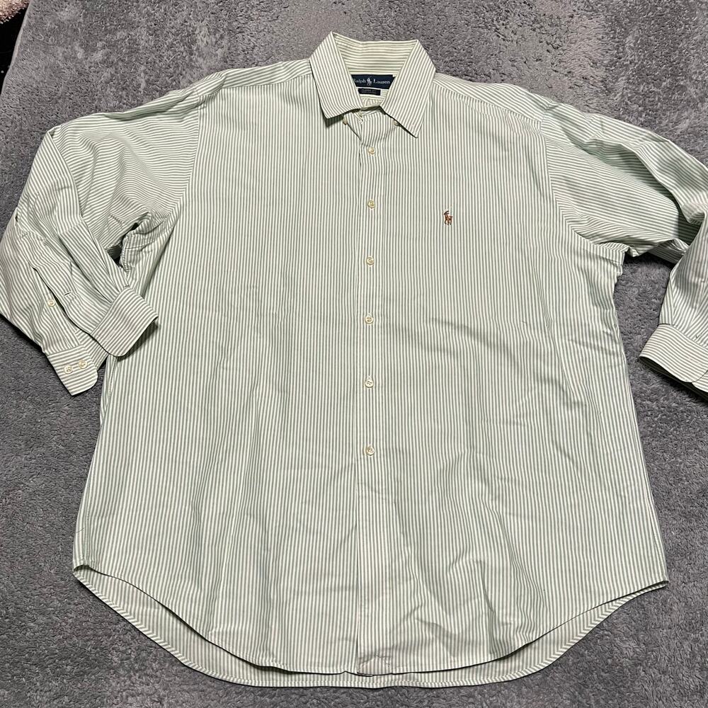 Ralph Lauren Shirt Mens 17 Green Striped Dress Long Sleeve Button Pony